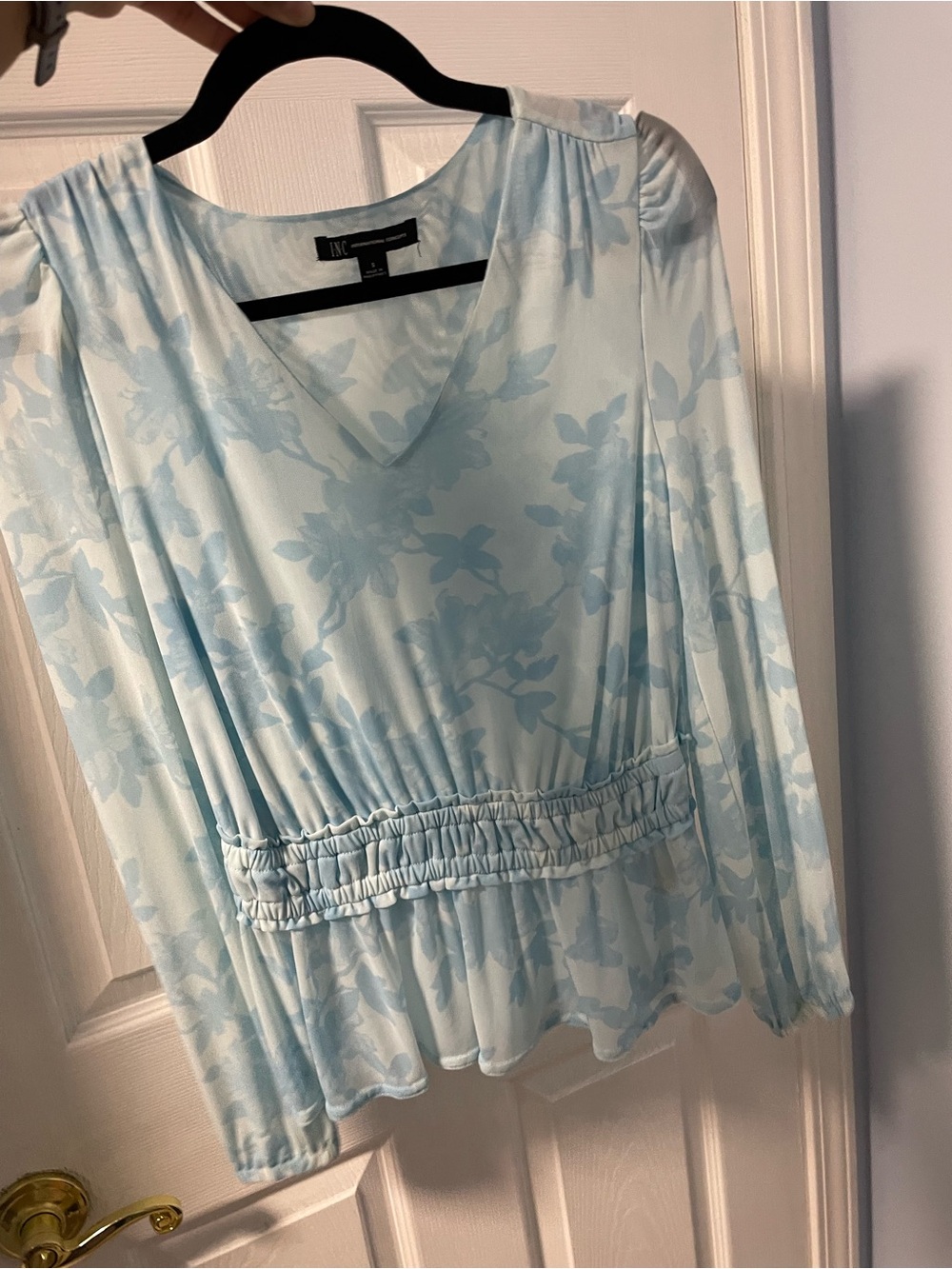 INC International Concepts Light Blue Floral V-Neck Smocked Waist Blouse